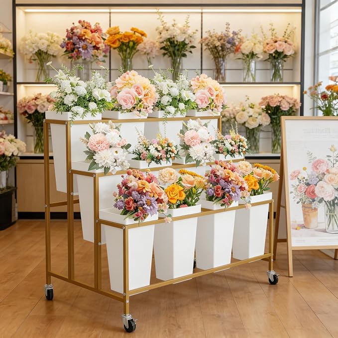PeakPursuit 3-Tier Metal Flower Display Stand with 12 Square Plastic Buckets and Wheels,Flower Display Cart for Indoor and Outdoor Use, Gold