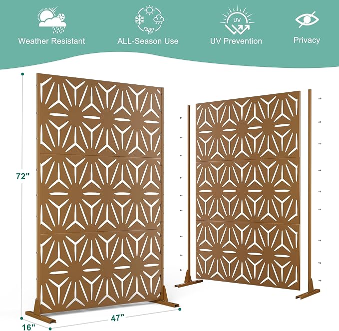 Metal Privacy Screen for Outdoor & Indoor Use, Free Standing Privacy Screen for Patio Garden Pool, 72" H x 47" W Decoative Privacy Panels, Weather Resistant, Easy Assembly (Brown Star)