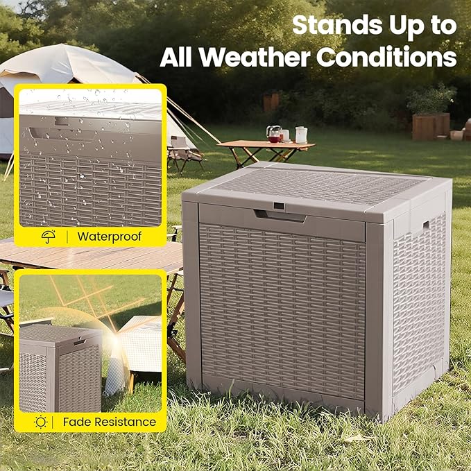 31 Gallon Outdoor Storage Box - Waterproof Resin Rattan Deck Box for Indoor & Outdoor Use - Lockable Outside Storage Bin for Package Delivery, Patio Cushions & Gardening Tools, Brown