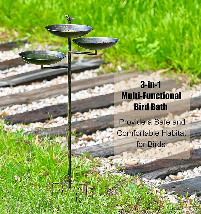 44”H Bird Bath and Feeder for Outdoor with Stake, 3-in-1 Metal Birdbaths with 4-Prong Stake, for Outside Yard Garden Patio