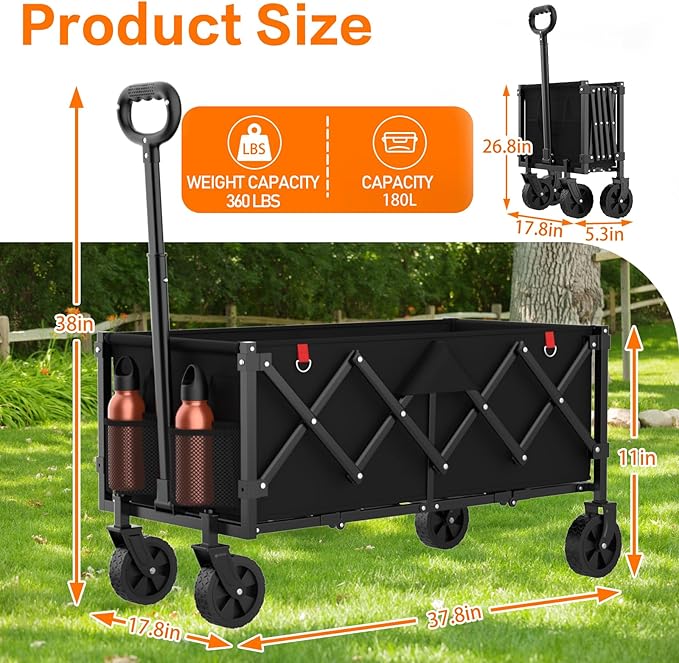 Heavy Duty 360LBS Wagons Carts Foldable, Collapsible Wagon with All-Terrain Swivel Wheels, 180L Extra Long Portable Folding Cart for Outdoor Camping Beach Shopping Sports