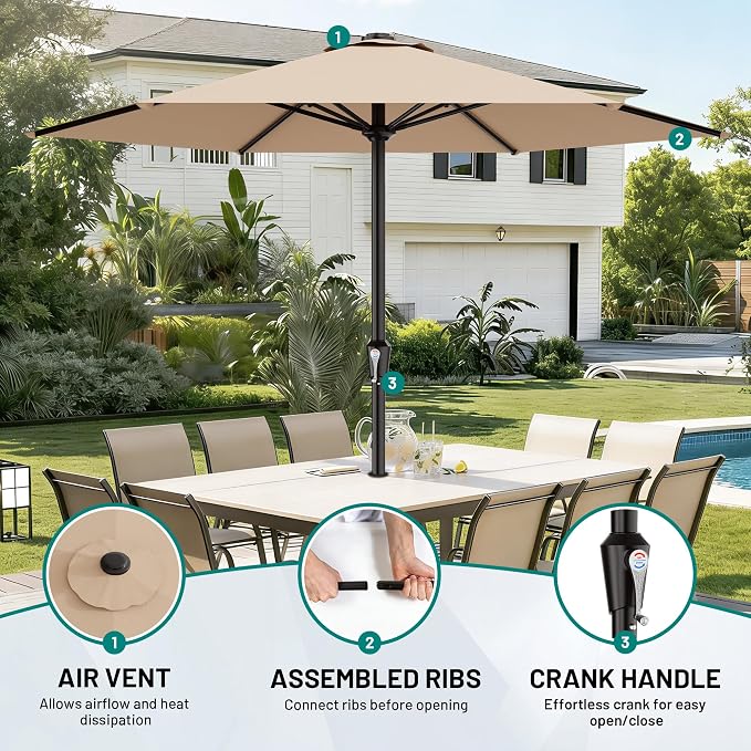 AreShark 11 FT Patio Umbrella for Outdoor, Outdoor Table Umbrella with Push Button Tilt and Crank, Outdoor Patio Umbrellas with 6 Sturdy Ribs, Patio Umbrellas for Market, Garden, Pool (Beige)