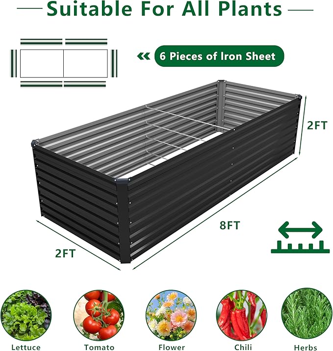 DIIYIV 8x2x2FT Galvanized Raised Garden Bed Kit,Vegetable Plant Boxes-Rectangle Metal Flower Box,Large Planter Raised Beds Outdoor Garden for Planting,Fruit,Herb-Black