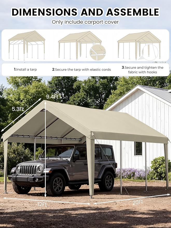 12 x 20 Ft Carport Replacement Cover, Heavy Duty Outdoor Car Tarp Canopy, Waterproof & UV Protected Tear Oxford Tarp with Ball Bungees (Frame is Not Included)