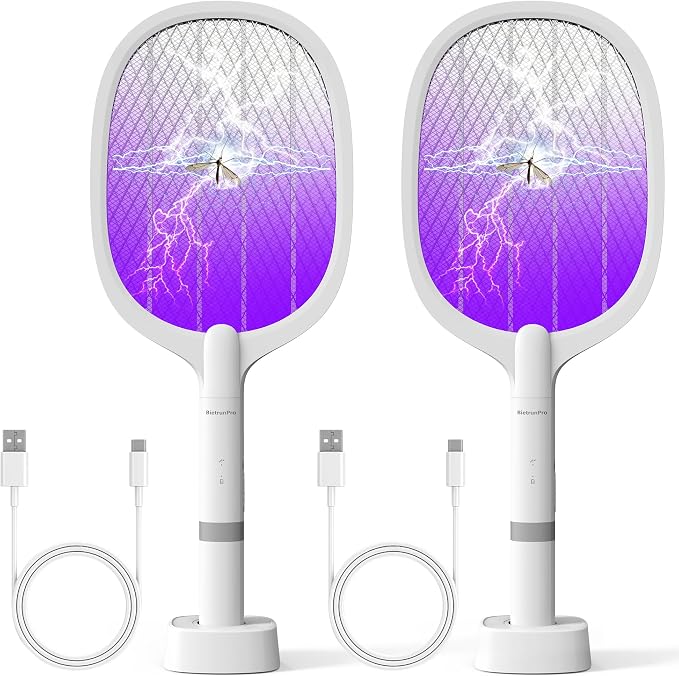 Fly Swatter Electric(2 Pack) Bug Zapper Racket, USB-C Rechargeable Electric Fly Swatter Portable Handheld Cordless Fly Swatter Racket to Kill Mosquitoes, Wasps, Gnats, Flies, Bugs, with Stand