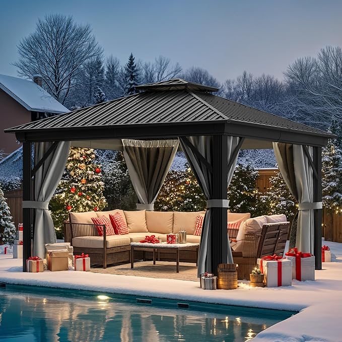 YITAHOME 12x12ft Hardtop Gazebo with Nettings and Curtains, Heavy Duty Double Roof Galvanized Steel Outdoor Combined of Vertical Stripes Roof for Patio, Backyard, Deck, Lawns, Gray