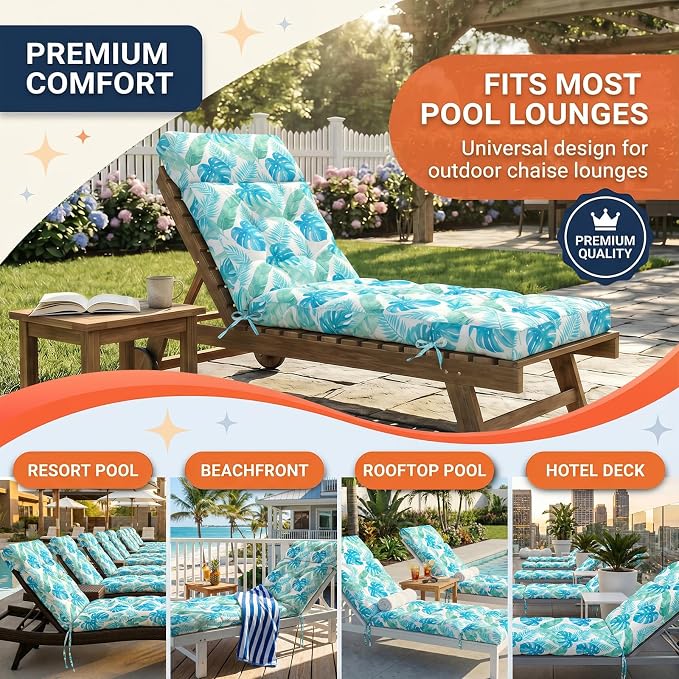 MAGIC ELEPHANT Chaise Lounge Cushion Outdoor, Memory Foam Patio Lounge Chair Cushion with Ties for Outdoor Furniture, 74 x 22 x 4 Inch (Aqua Monstera)