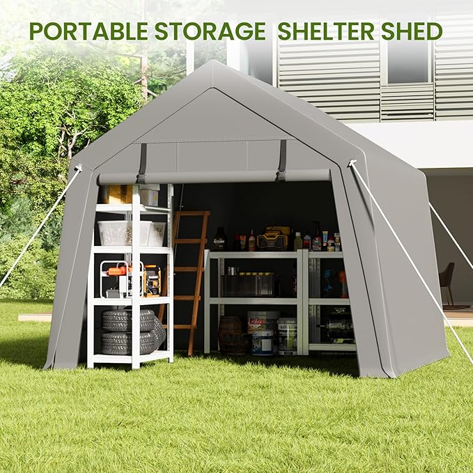6x6 ft Carport Storage Shed, Portable Garage with Roll-Up Zipper Door, Heavy Duty Waterproof Tarp, Easy to Set Up, Storage for Motorcycle Bike Firewood Garden Tools