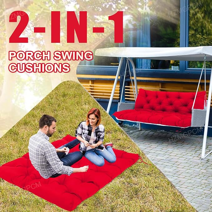 Premium 5" Thick Waterproof Outdoor Swing Cushions Sturdy Durable 2 Seat Replacement Porch Swing Cushions with Backrest&Ties Bench Cushion for Outdoor Furniture Backyard Patio (Bright red)