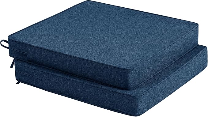 Outdoor Chair Cushions, Water-Resistant & Fade-Resistant, Patio Furniture Seat Replacement Chair Pads with Ties Zipper, Removable Cover, Non-Slip Bottom, Set of 2, 17 x 16 Inch, Navy Blue