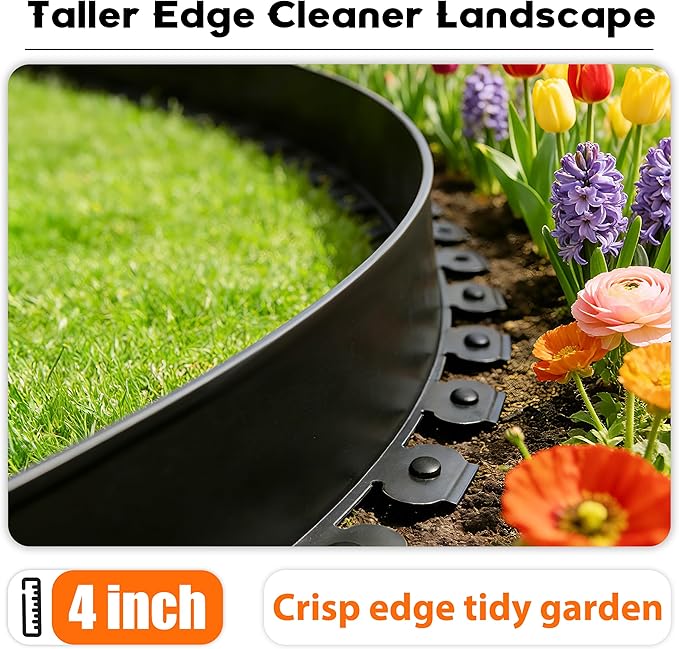 4 inch Tall Landscape Edging Kit 80FT Garden Edging with 150 Spikes for Lawn Edging and Flower Beds (Black, 80FT)