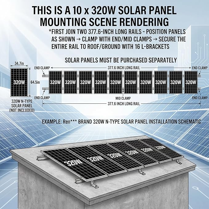 Solar Panel Mounting Rail Kit for 10 x 320W Panels, Includes 16 x 47.2 Aluminum Rails, Adjustable Clamps, L-Brackets & Grounding Hardware, Racking System for Metal, Tile, Shingle Roof