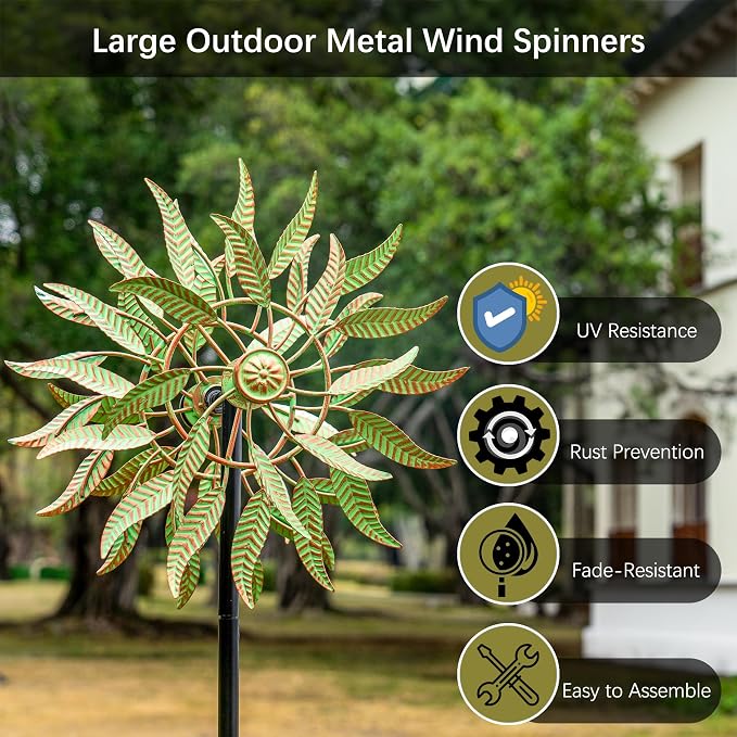 Large Wind Spinners Outdoor Metal, 360° Double-Layer Garden Wind Spinners Sculptures, 63" ×13.4", Kinetic Pinwheels for Yard and Garden Patio & Lawn (Green Copper)