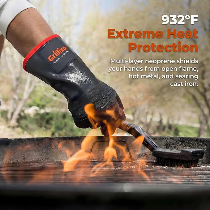 932°F Light Heat Resistant BBQ Gloves, 14-Inch Waterproof Neoprene Grill Gloves, Oil & Slip Resistant with Cotton Lining, for Oven, Smoker, Fire Pit, Rotisserie and BBQ Cooking
