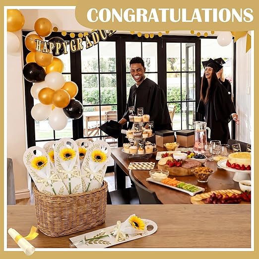 Eaasty 48 Set Graduation Day Themed Single Sunflower Card Sleeve Grad Gift Packaging Flower Holder with Floral Water Tubes Ribbon Floral Tissue Paper for Flower Packing