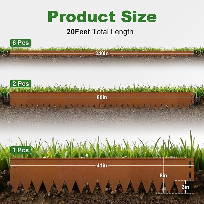 Cor Ten Steel Landscape Edging 40" L x 8" H, Hammer-in Landscape Edging, Metal Garden Edging Border with 6 Clips & Gloves - Edge for Lawn Yard COR-Ten Steel (6 Pack)