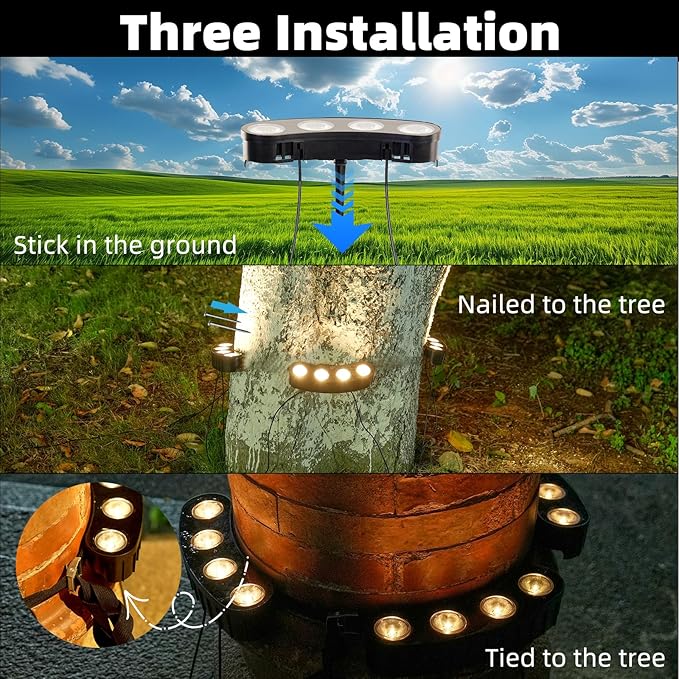 Sublume Solar Tree Lights Outdoor, Spotlights with Bright Warm White LED for Landscape Uplighting, 2-in-1 (Sticked&Tied), IP65 Waterproof, 2000Mah Palm Tree Ring Uplights for Flag Pole, Garden, Yard