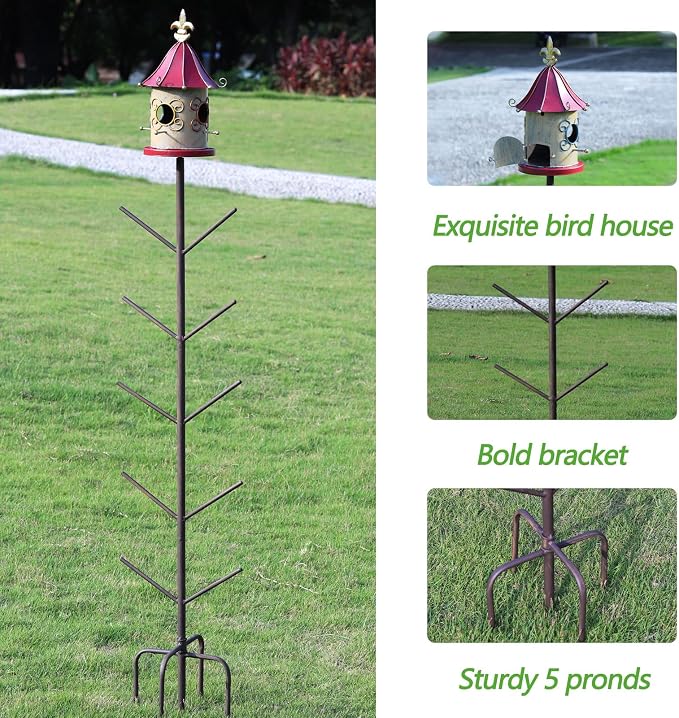 59" H Bird House Bottle Tree for Outdoor Garden, Rust-Proof Metal Bottle Tree Stand, Garden Decorative Bottle Stand