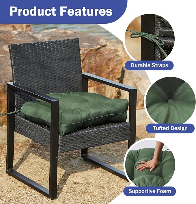 IPYNBAP Outdoor Chair Cushions Set of 2, Patio Chair Cushions with Ties, 19x19+5” Tufted Outdoor Seat Cushions, Waterproof Patio Furniture Cushions, Outdoor Dining Chair Pads, Forest Green (Pack of 2)