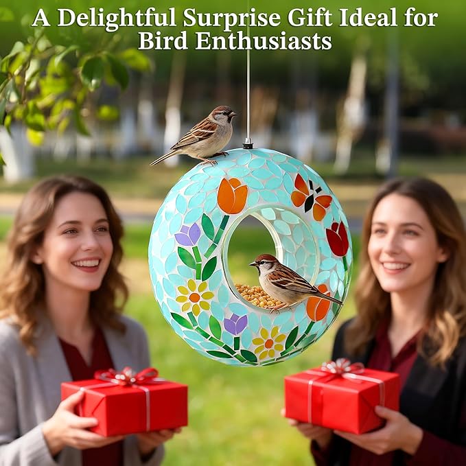 SAVENNA Mosaic Glass Hanging Bird Feeder, 8 Inch Handcrafted Outdoor Feeder with Steel Wire Rope, Decorative Garden & Patio Feeder for Wild Birds, Colorful Floral Mosaic Design