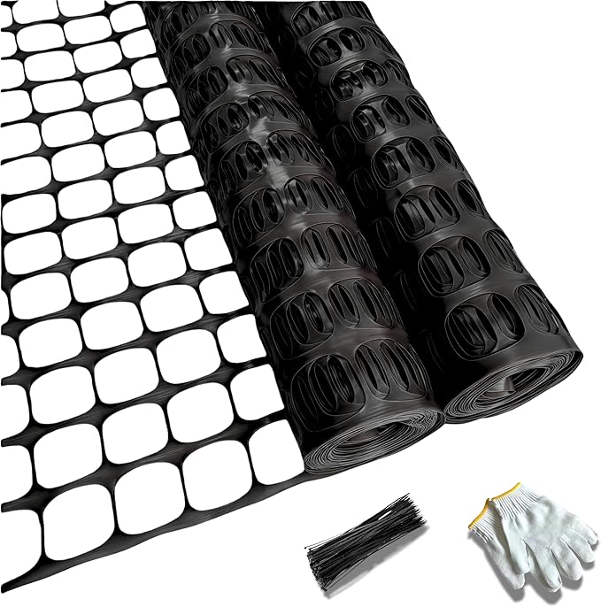 PotatoLife Plastic Mesh Fence Safety Fence, 2 Roll 4'x100' with 100 Zip Ties, Resuable Temporary Netting for Garden Fencing, Construction, Snow Fencing, Animal Barrier, Poultry, Deer, Patio, Black