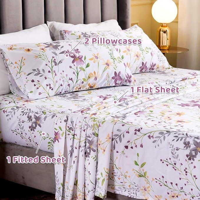 QSH 100% Egyptian Cotton Sheets Twin Size, Yellow Flower Plant Pattern Botanical Luxury Cotton Printed Bedding Flower Twin Bed Sheets for Girls Kids Extra Soft 4pcs Deep Pocket Floral Bed Sheets