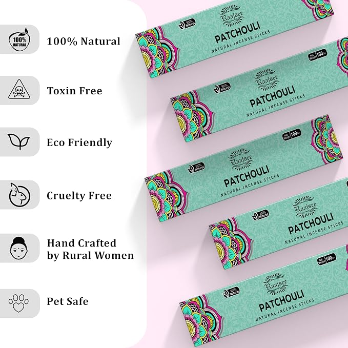 Raajsee Patchouli Incense Sticks (180 gm), 100% Pure Organic Natural Hand Rolled Free from Chemicals - Patchouli Incense Perfect for Aromatherapy, Cleansing, Meditation, and Church(Pack of 12)