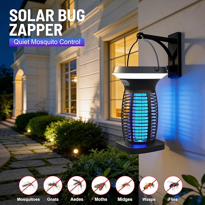 Solar Bug Zapper Outdoor,Rechargeable & Solar Powered,4200V High Voltage for Effective Mosquito & Multi-Insect, Pet/Child Safe with UV Light,Waterproof for Camping Courtyard Indoor Outdoor