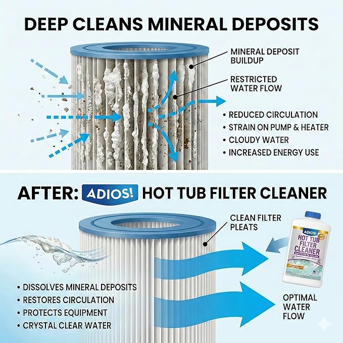 ADIOS! Hot Tub 4X Filter Cleaner for Spas – Deep Cleaning Soaking Solution Dissolves Grease and Grime, Unclogging and Restoring Water Flow - Parent (16oz)
