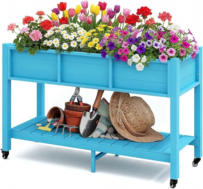 DWVO 47x18x31in Raised Garden Bed HDPE, Weather-Resistant Poly Wood Planter Box Stand, Planter Box with Legs, Storage Shelf & Lockable Wheels, Elevated Garden Bed for Backyard Patio - Aruba Blue