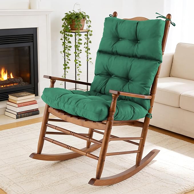 Rocking Chair Cushion, Waterproof and Fade-Resistant Adirondack Rocker Cushions, Indoor/Outdoor Rocking Chair Pads, High Back Memory Foam Patio Furniture Cushions with Ties, 44x23x4 Inch, Dark Green