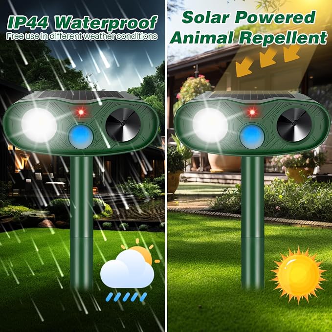 4Pack Ultrasonic Cat Repellent Outdoor Bear Repellent Devices,Solar Animal Repeller Motion Detection Rabbit Raccoon Squirrel Dog Squirrel Repellent Deterrent with LED Flash Lights for Yard