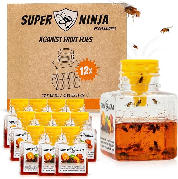Super Ninja Fruit Fly Traps for Indoors - 12 Pack, Highly Effective Fruit Fly Catcher for Indoor Use for Home & Kitchen, Up to 3 Weeks of Performance per Bottle, Kid & Pet Friendly