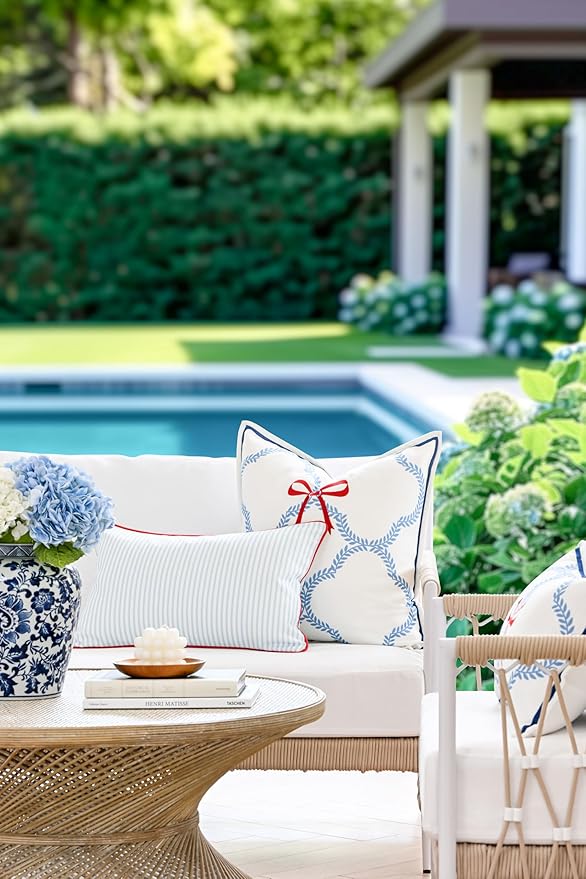 Hofdeco Premium Coastal Hampton Patio Indoor Outdoor Lumbar Pillow Cover Only, 12"x20" Water Repellent for Backyard, Couch, Poolside, Baby Blue Red Print Stripes