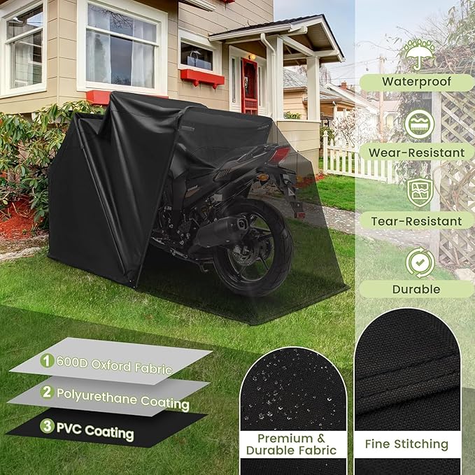 ERGOMASTER 136" x 54" x 75" Heavy Duty Motorcycle Shed, Outdoor Waterproof Tent with 600D Oxford Fabric, Roll-up Mesh Windows, Expansion Bolts