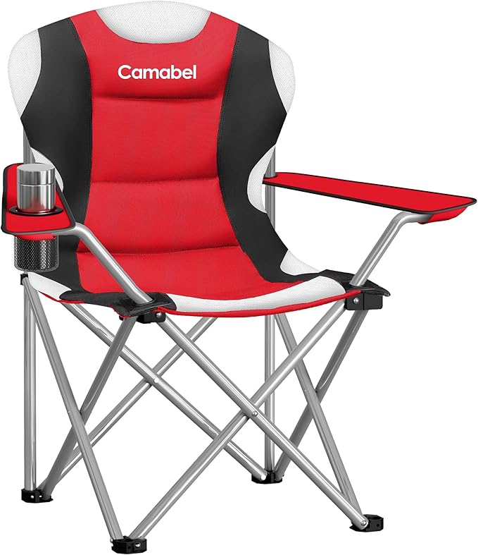 Camabel Folding Camping Chairs 400 LBS Oversized Heavy Duty Padded Beach Chair Portable Outdoor Lawn Chairs with Cup Holder Carry Bag for Sporting Hiking Picnics Fishing Red