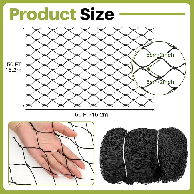 50 x 50 ft Aviary Bird Netting Chicken Netting Commercial Grade Heavy Duty Knotted 2 inch Mesh for Chicken Coops Poultry Blueberries Fruit Trees Net Aviary Garden