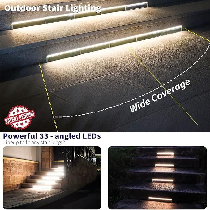SHONELIGHTING Solar Step Lights for Outside, 33 Focused-Beam High-Brightness LEDs, Waterproof Aluminum Outdoor Stair Light for Risers, Curbsides, Poolsides, Planter Edges (Warm White, 12Pack)