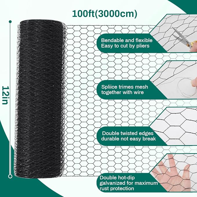 GlikCeil 12 in x 300 ft Chicken Wire Mesh Fencing for Floral Garden, 23 Gauge Black Galvanized Steel Wire, 1 Inch Hexagonal Hardware Cloth Netting for Farm Crafts Poultry Coop Barrier Rabbit Cage