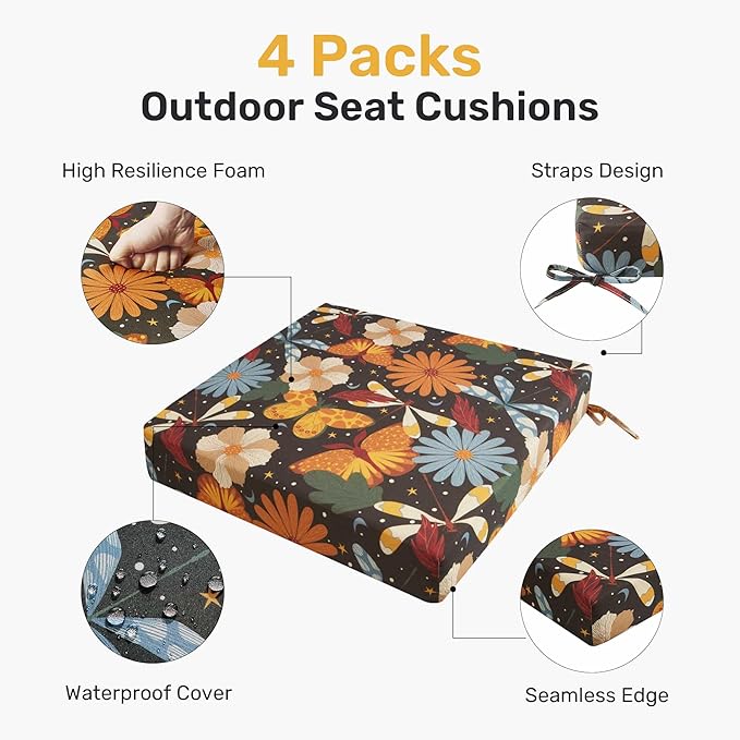 UNIKOME Outdoor Chair Cushions Pack of 4, Water Resistant Patio Cushions with Ties, High Density Sponge Filling Square Corner Seat Cushions for Outdoor Furniture, 19"*19"*3", Flower