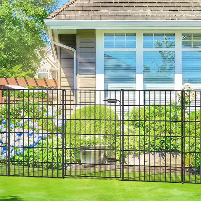 FOREHOGAR Metal Garden Fence with Gate 40in (H) x 23.3ft (L), 1 Gate + 9 Panels Dog Fence Border Fence Animal Barrier, No Dig Garden Fencing for Yard Flower Bed Lawn Patio Outdoor, PIN402810G Black