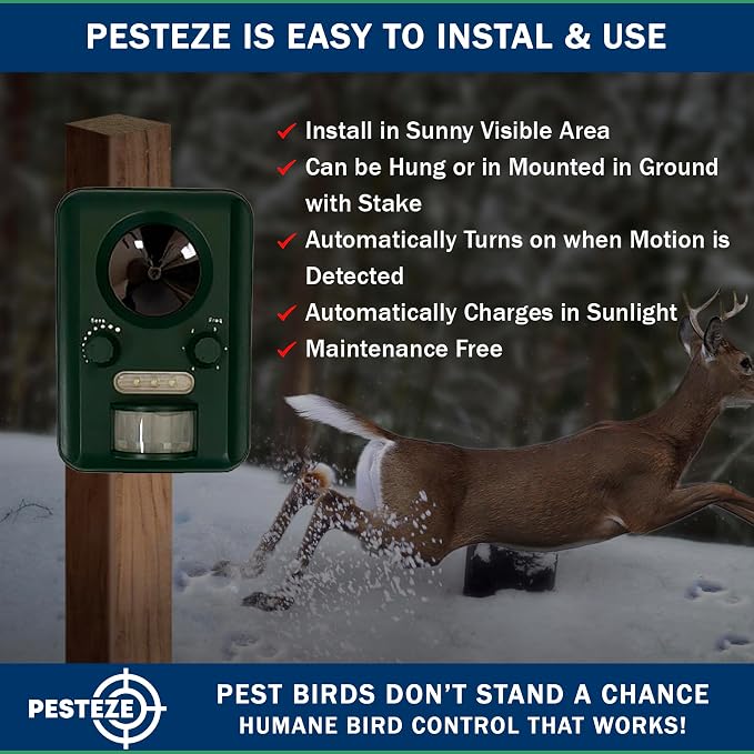 PESTEZE USA Solar Ultrasonic Bird Repeller– Motion-Activated Deterrent with Ultrasonic Sound to Deter Birds, Geese, Pigeons, Crows, & Small Critters; Outdoor Powered Device for Humane Yard Protection