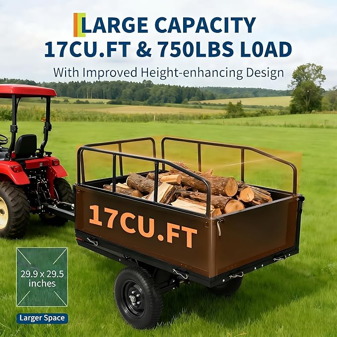 Heavy Duty ATV Trailer Steel Dump Cart, 750 lbs 17 Cubic Feet, Garden Utility Trailer Yard Trailers with Removable Sides for Riding Lawn Mower Tractor