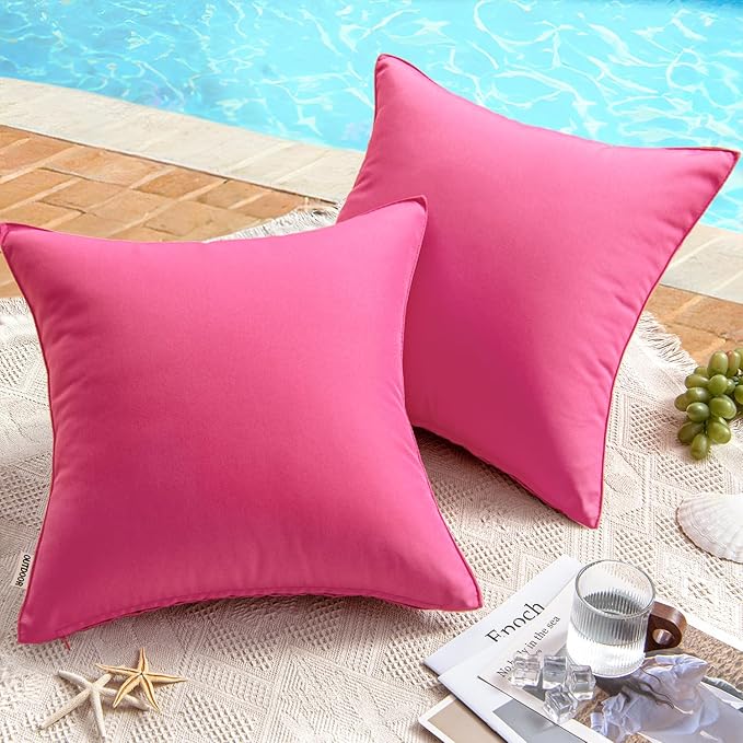 MIULEE Pack of 2 Decorative Outdoor Waterproof Pillow Covers Square Garden Cushion Sham Throw Pillowcase Summer Shell for Patio Tent Couch 16x16 Inch Hot Pink