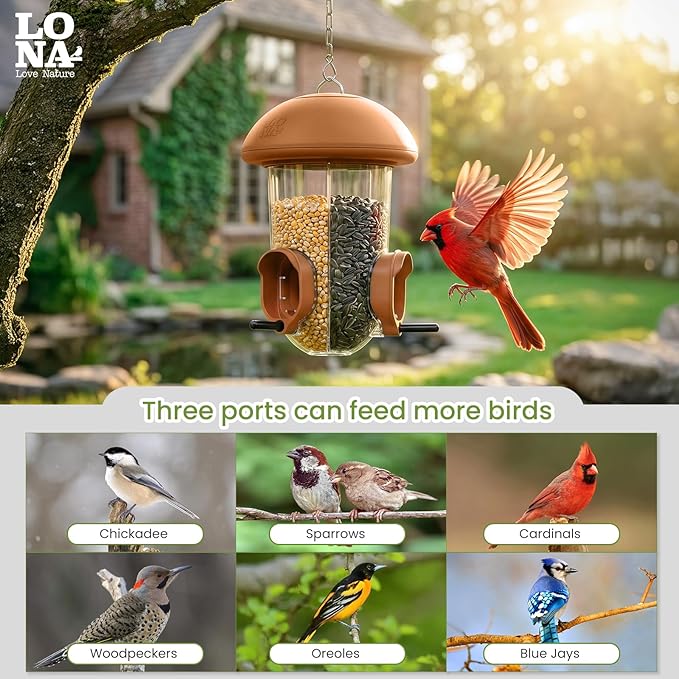 LONA Bird Feeders for Outdoors Hanging – 3 Separate Compartments, 3 Feeding Ports, Weatherproof Dome & 3 Ways to Hang, Large Capacity for Cardinals/Finches (Brown，Plus