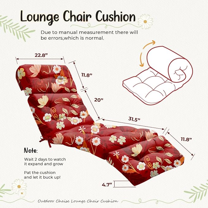2 Pack Outdoor Chaise Lounge Chair Cushion 75.1 x 22.8 x 4.7 Inches 100% Waterproof Replacement Cotton Patio Pool Lounge Chair Cushion for Outdoor Furniture with Ties, Red Peony