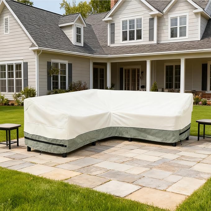 okcool Outdoor Sectional Cover,V Shaped Patio Furniture Covers for 5-Seater Outdoor Sectional Furniture Couch 85"(85''L) x 33.5''D x 31''H,White&Grayish Green