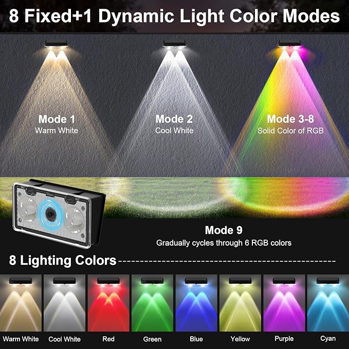 Solar Fence Lights Outdoor 8 Pack, Warm White & Cool White & 6 Colored+RGB Color Changing, High Brightness LED Spot Lens Deck Lights Dusk to Dawn for Backyard Stair Railing Patio Wall, IP65 Waterproof