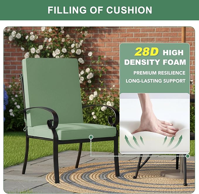 Summsun Patio Dining Chair Cushions 2 Pack, High Back Outdoor Seat Cushion Set with Splash-Proof Removable Covers, Ties, Non-Slip Bottom for Garden Lawn Patio Furniture, 44 x 20 Inch, Sage Green