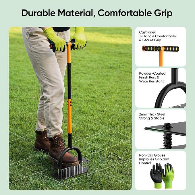 Grenebo Lawn Aerator Manual Aerator Lawn Tool with 16 Spikes, Metal Grass Aerator for Yard, Lawn Aeration, Automatic Soil Ejection, Pre-Assembled Lawn Aerator Tool (Black Orange)